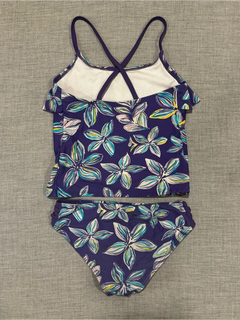 Girls Size 8 Purple Floral Ruffle Tankini 2-Piece Swimsuit Swim Set Beach Pool